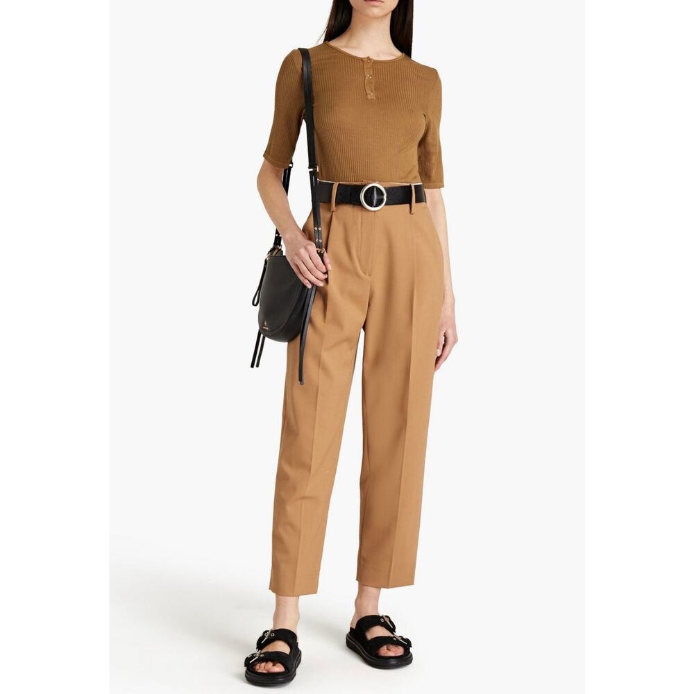 ENZA COSTA Ribbed Jersey Henley Top Womens XS Light Brown Half Sleeve Shirt NWOT